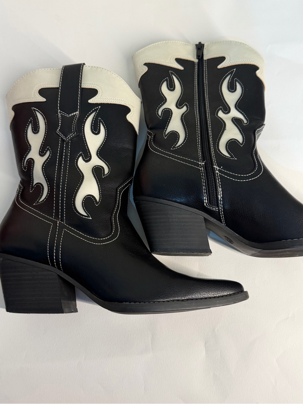 Classic Western Ankle Boots in Black and White - Women's Fashion Boot